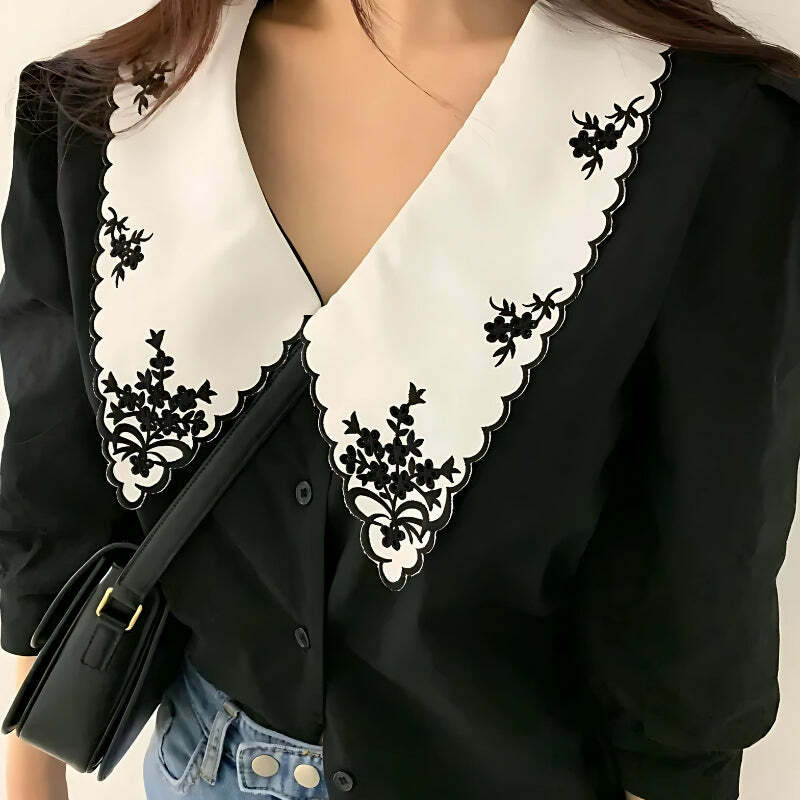 Vintage Embroidered Collar Shirt - Y2K Aesthetic Coquette Style Top