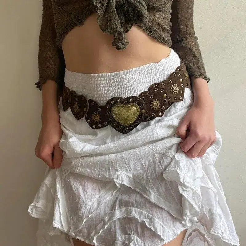 Vintage Ethnic Heart Suede Waist Belt - Y2K Coquette Aesthetic Style