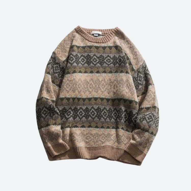 Vintage Jacquard Knitted Sweater - Y2K Aesthetic Clothing for Unique Styles