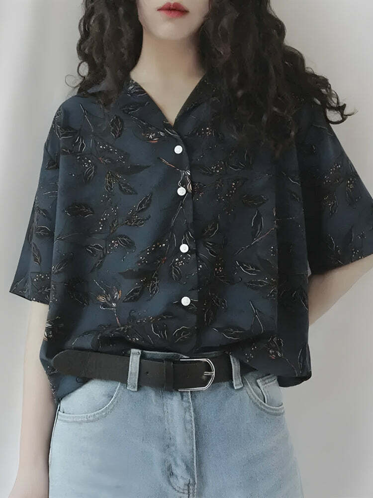 Vintage Leaf Y2K Aesthetic Shirt - Coquette & Goth Style Clothing