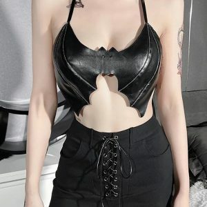 Y2K Aesthetic Bat Halter Top - Trendy Coquette & Goth Style Apparel