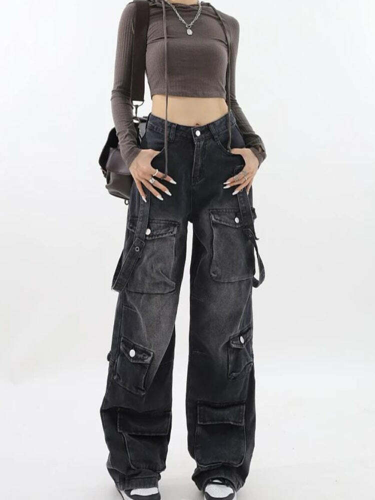 Y2K Aesthetic Belted Dark Wash Cargo Jeans for Trendy Coquette Style