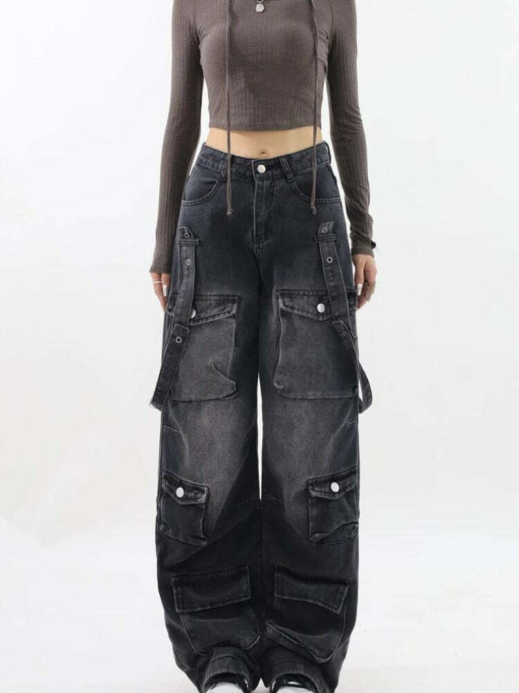 Y2K Aesthetic Belted Dark Wash Cargo Jeans for Trendy Coquette Style