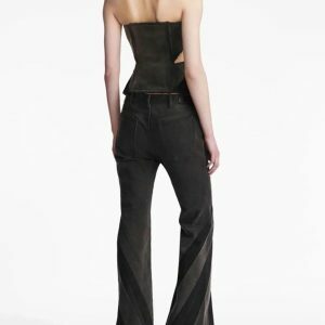 Y2K Aesthetic Black Denim Tube Top & Patch Jeans Two-Piece Set