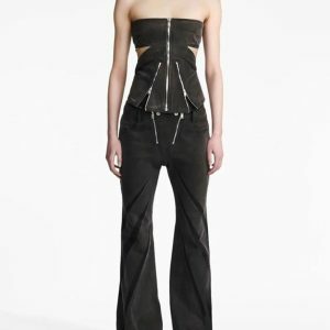 Y2K Aesthetic Black Denim Tube Top & Patch Jeans Two-Piece Set