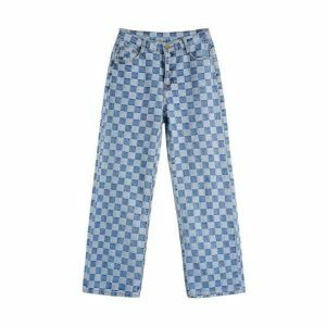 Y2K Aesthetic Blue Checkered Jeans - Trendy Coquette Style Pants