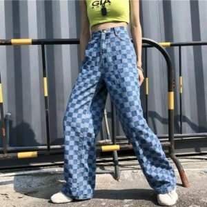 Y2K Aesthetic Blue Checkered Jeans - Trendy Coquette Style Pants