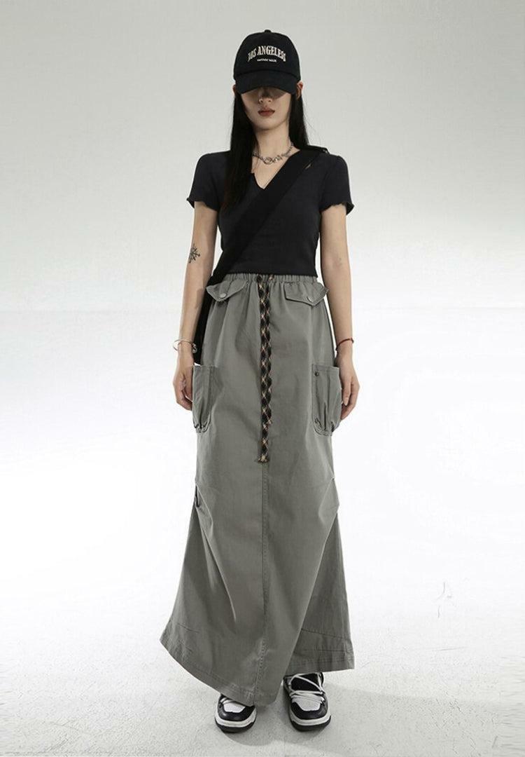 Y2K Aesthetic Cargo Pockets Parachute Maxi Skirt for Trendy Outfits