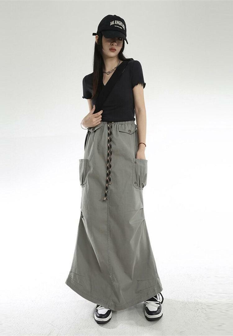 Y2K Aesthetic Cargo Pockets Parachute Maxi Skirt for Trendy Outfits