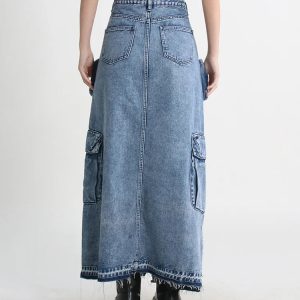 Y2K Aesthetic Cargo Split Denim Midi Skirt - Trendy Coquette Style