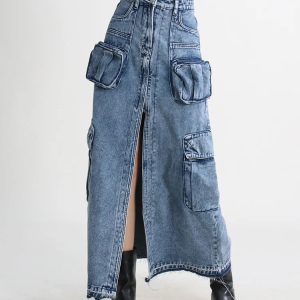 Y2K Aesthetic Cargo Split Denim Midi Skirt - Trendy Coquette Style