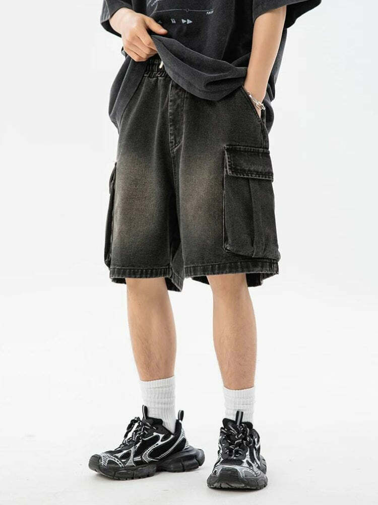 Y2K Aesthetic Denim Drawstring Wide Leg Cargo Shorts for Trendy Styles