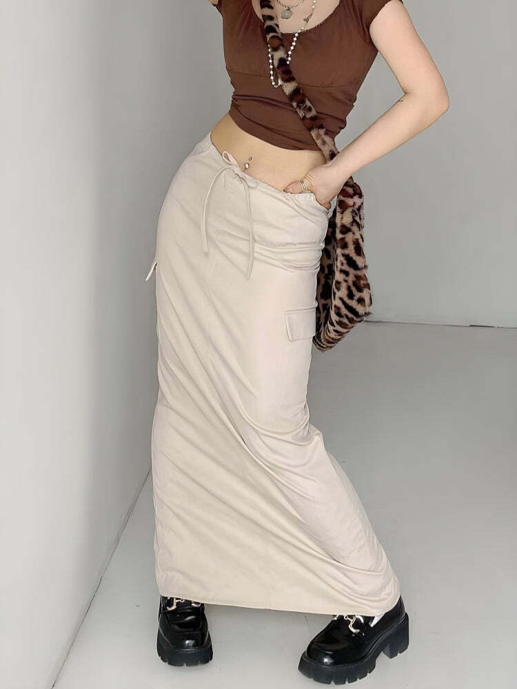 Y2K Aesthetic Drawstring Waist Parachute Maxi Skirt for Trendy Looks