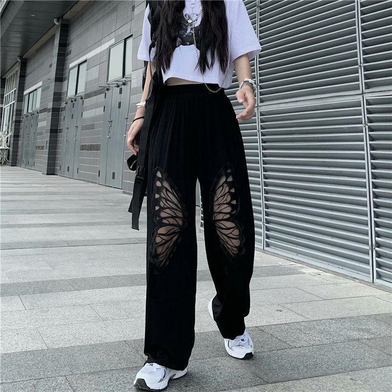 Y2K Aesthetic Elasticated Waist Butterfly Cut-Out Pants for Trendy Styles