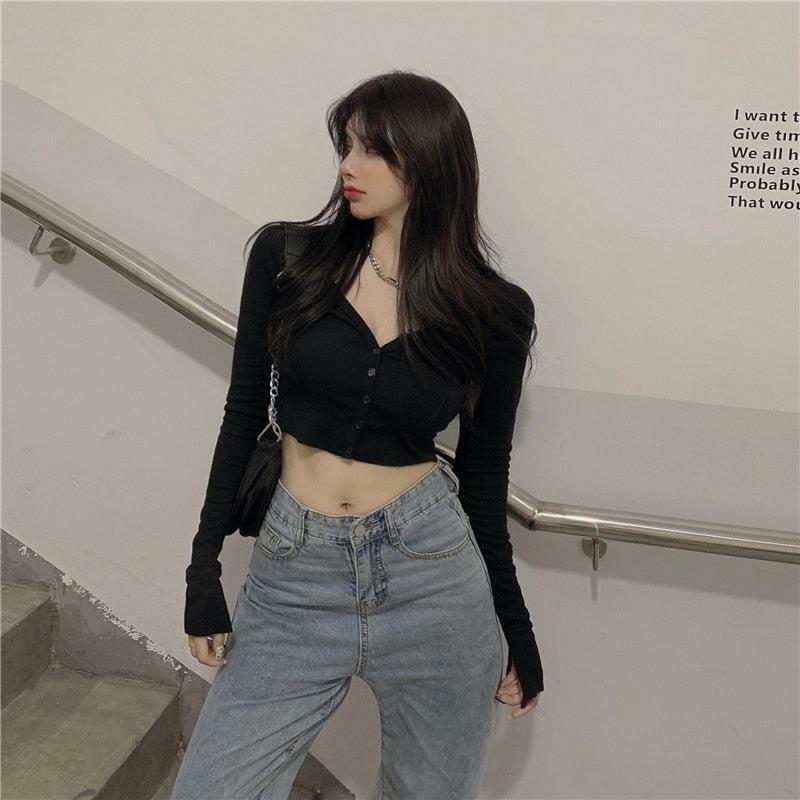 Y2K Aesthetic Extra Long Sleeve Buttoned Crop Top for Trendy Outfits