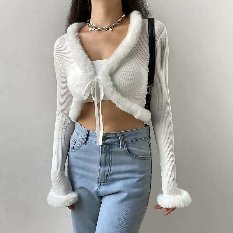 Y2K Aesthetic Faux Fur Corduroy Crop Cardigan for Trendy Outfits