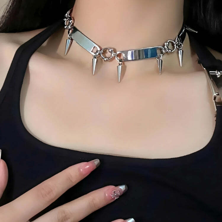 Y2K Aesthetic Goth Spiked Metal Choker - Trendy Coquette Accessory