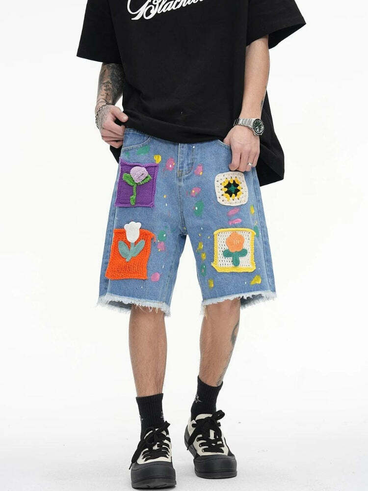 Y2K Aesthetic Knitted Flower Patch Denim Shorts for Trendy Outfits