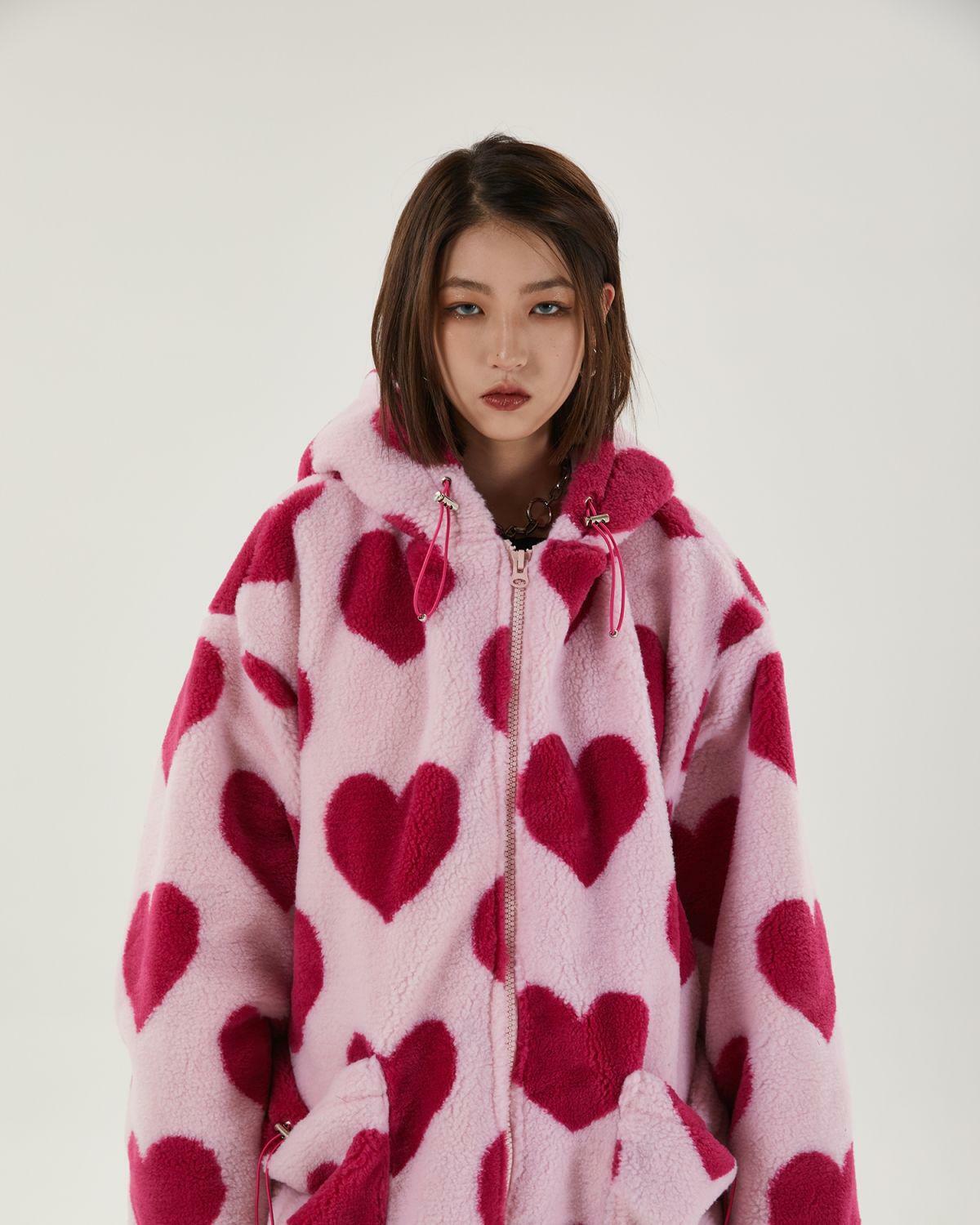 Y2K Aesthetic Pink Heart Pattern Hooded Jacket for Trendy Outfits