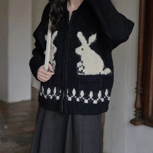 Y2K Aesthetic Rabbit Knitted Zip Cardigan - Coquette Style Apparel