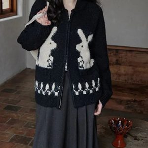 Y2K Aesthetic Rabbit Knitted Zip Cardigan - Coquette Style Apparel