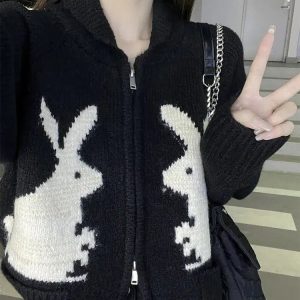 Y2K Aesthetic Rabbit Knitted Zip Cardigan - Coquette Style Apparel