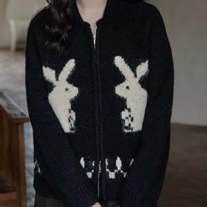 Y2K Aesthetic Rabbit Knitted Zip Cardigan - Coquette Style Apparel