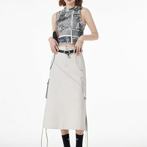 Y2K Aesthetic Slit & String Detailed Cargo Midi Skirt for Trendy Looks