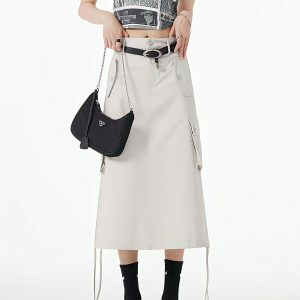 Y2K Aesthetic Slit & String Detailed Cargo Midi Skirt for Trendy Looks