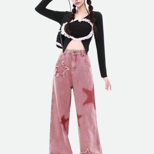 Y2K Aesthetic Star Denim Jeans - Trendy Coquette & Goth Styles