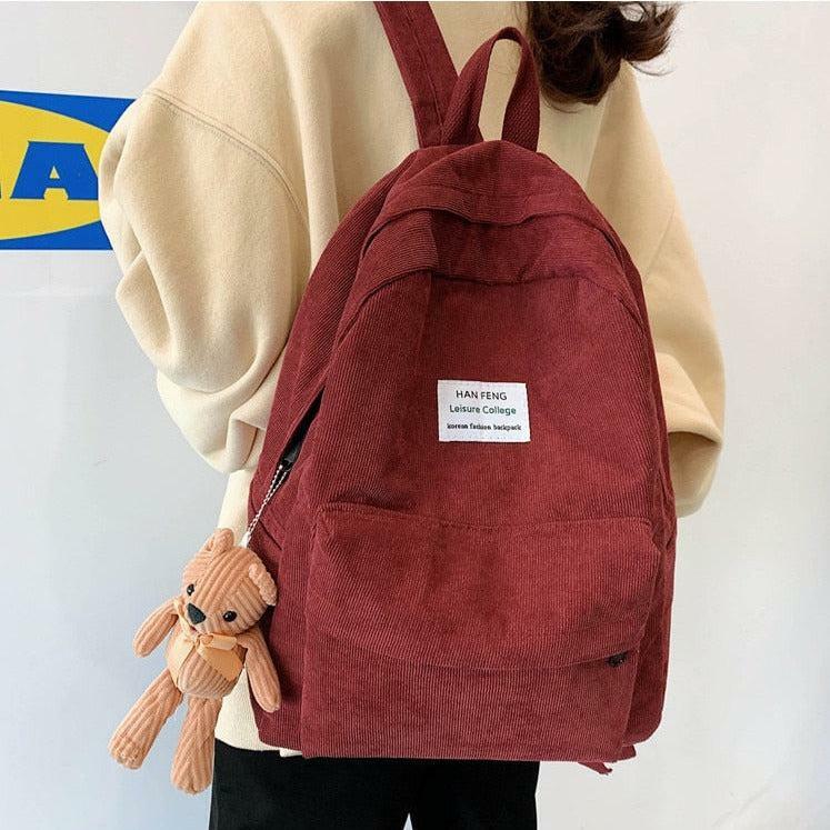 Y2K Aesthetic Teddy Bear Corduroy School Backpack - Cute Coquette Style