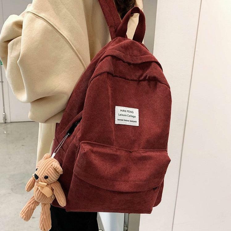 Y2K Aesthetic Teddy Bear Corduroy School Backpack - Cute Coquette Style