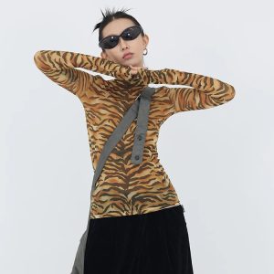 Y2K Aesthetic Tiger Mesh Top - Trendy Coquette & Goth Style Clothing