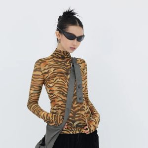 Y2K Aesthetic Tiger Mesh Top - Trendy Coquette & Goth Style Clothing