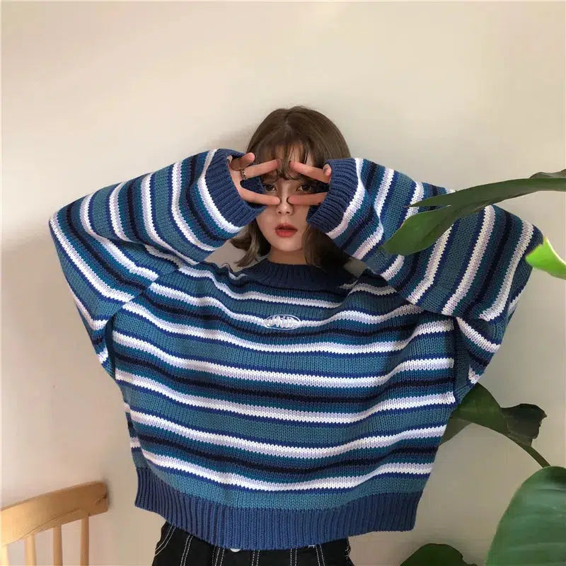 Y2K Aesthetic Wide Sleeved Striped Knitted Sweater for Trendy Looks