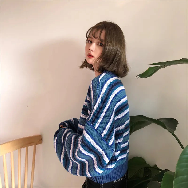 Y2K Aesthetic Wide Sleeved Striped Knitted Sweater for Trendy Looks