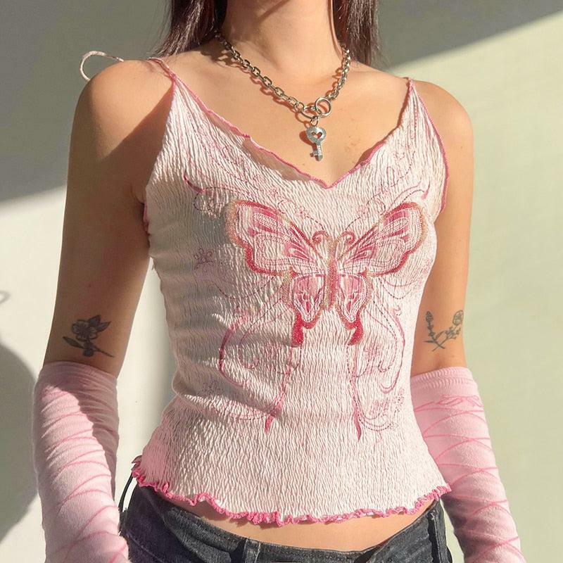 Y2K Butterfly Pink Crop Top - Trendy Coquette Aesthetic Apparel