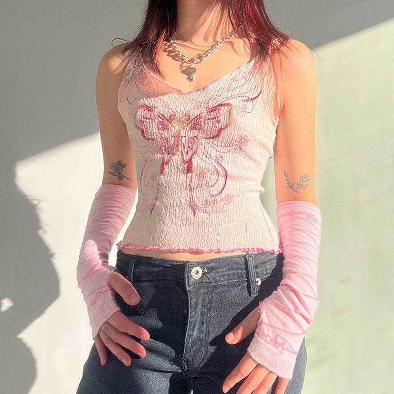 Y2K Butterfly Pink Crop Top - Trendy Coquette Aesthetic Apparel