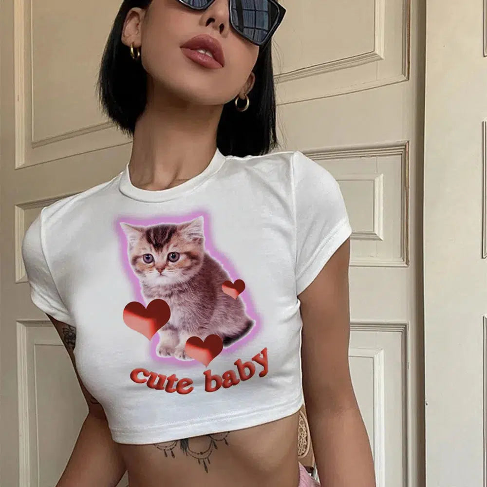 Y2K Cat Baby Tee - Trendy Aesthetic Clothing for Coquette & Goth Styles