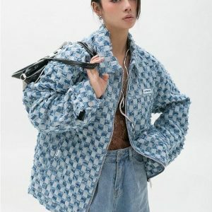 Y2K Checkered Zip-Up Jacket - Trendy Coquette Aesthetic Outerwear