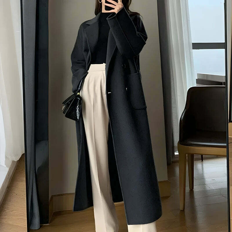 Y2K Coquette Aesthetic Belted Long Coat - Trendy Dark Academia Style