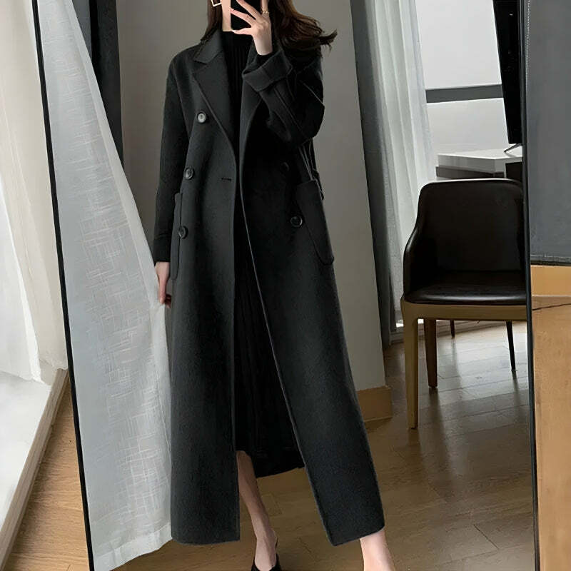 Y2K Coquette Aesthetic Belted Long Coat - Trendy Dark Academia Style