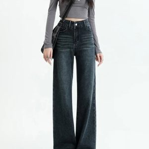 Y2K Coquette Aesthetic Dark Wash Straight Leg Denim Jeans for Trendy Looks