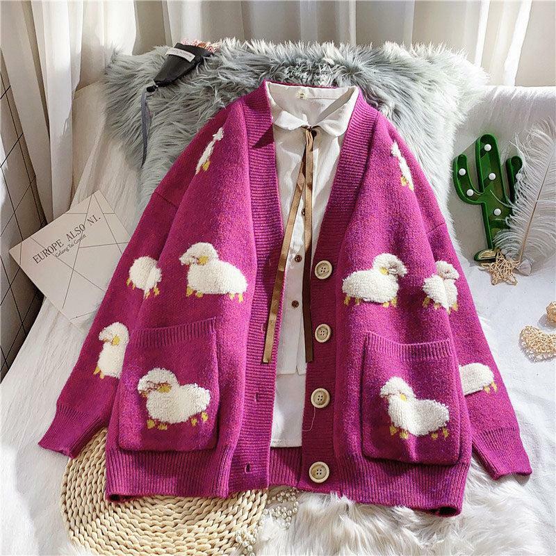 Y2K Coquette Aesthetic Sheep Embroidery Knitted Cardigan for Trendy Looks