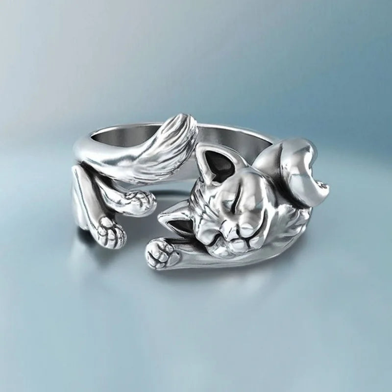 Y2K Coquette Aesthetic Sleeping Cat Ring - Trendy Fashion Accessory