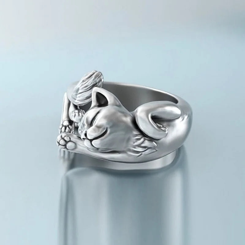 Y2K Coquette Aesthetic Sleeping Cat Ring - Trendy Fashion Accessory