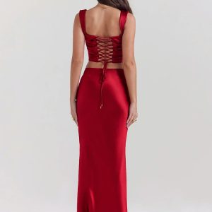 Y2K Coquette Aesthetic Wine Satin Corset Top & Maxi Skirt Set