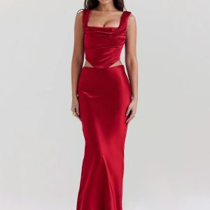 Y2K Coquette Aesthetic Wine Satin Corset Top & Maxi Skirt Set