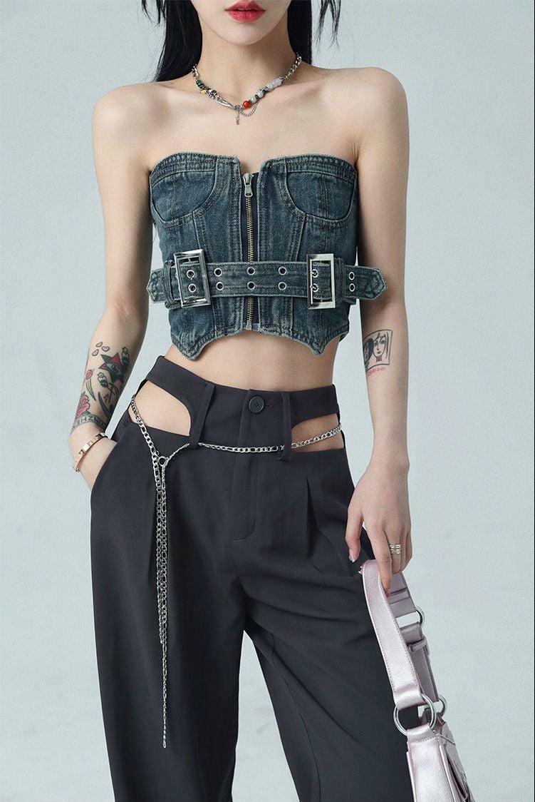 Y2K Coquette Crop Denim Tube Top - Trendy Aesthetic Clothing