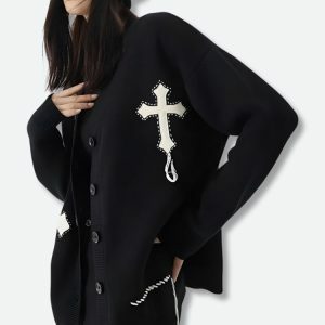 Y2K Coquette Cross Patch Cardigan - Trendy Aesthetic Clothing